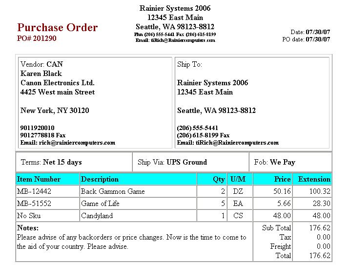 An emailed Purchase order